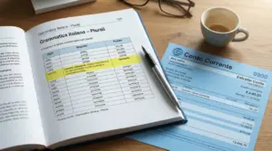 Libro aperto su regole dei plurali italiani accanto a un estratto conto bancario e una tazzina di caffè