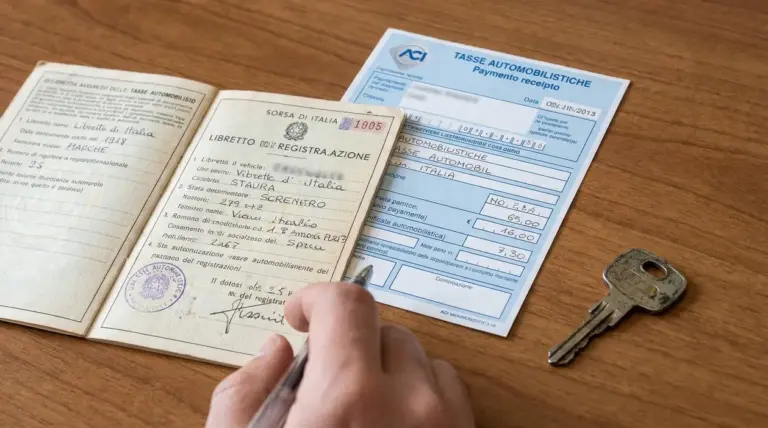 Una mano tiene un vecchio libretto di circolazione accanto a un bollettino per il pagamento del bollo auto