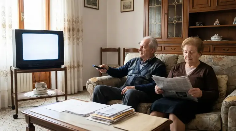 Due persone anziane sedute su un divano mentre guardano la televisione e leggono il giornale