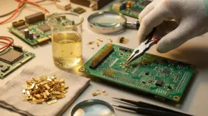 Mano con guanto estrae componenti dorati da una scheda elettronica con pinze