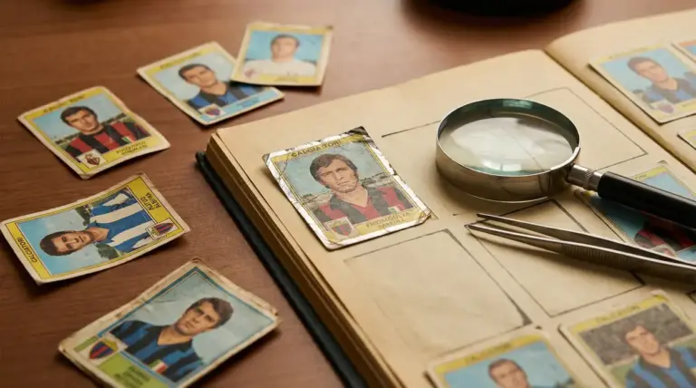 Vecchie figurine Panini su un album da collezione con lente d’ingrandimento e pinzette