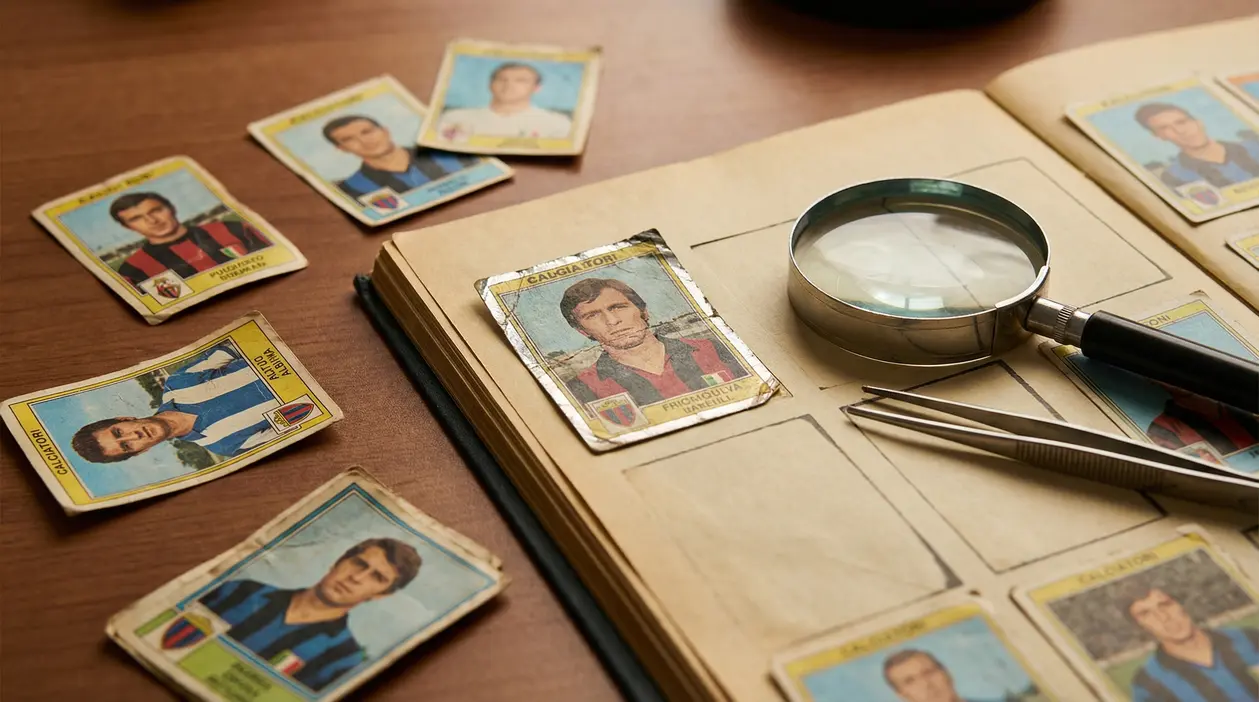 Vecchie figurine Panini su un album da collezione con lente d’ingrandimento e pinzette