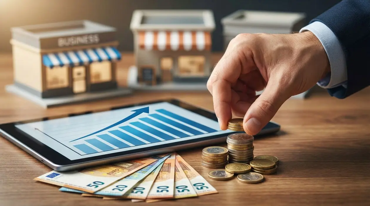 Mano che impila monete vicino a un tablet con grafico e banconote, con modellini di negozi sullo sfondo