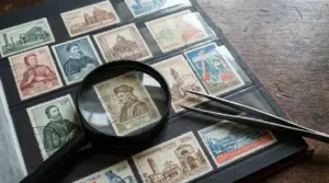Francobolli da collezione italiani del 2026 osservati con lente d'ingrandimento e pinzette