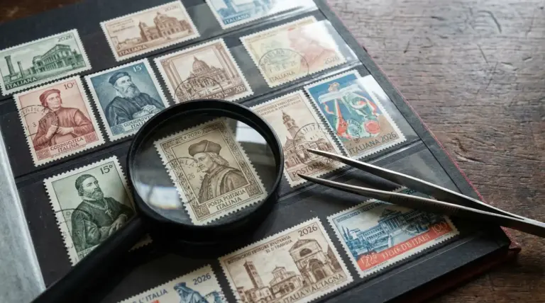 Francobolli da collezione italiani del 2026 osservati con lente d'ingrandimento e pinzette