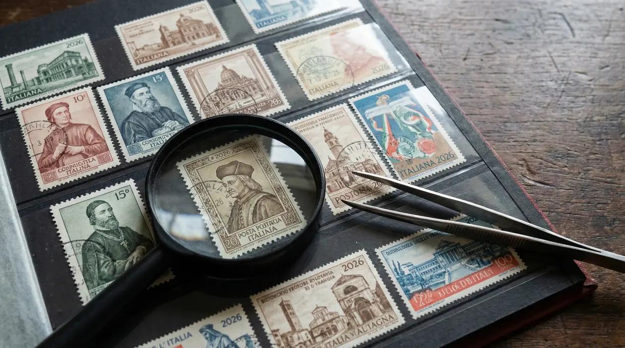 Francobolli da collezione italiani del 2026 osservati con lente d'ingrandimento e pinzette