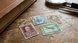 Francobolli italiani d'epoca su un tavolo in legno con lente d'ingrandimento e pinzette