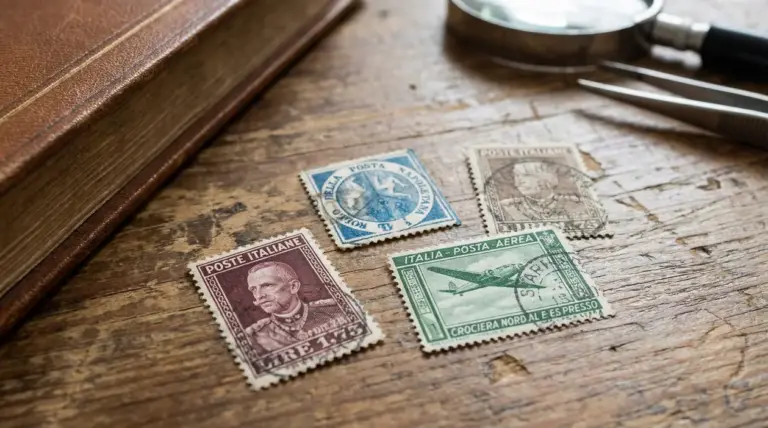 Francobolli italiani d'epoca su un tavolo in legno con lente d'ingrandimento e pinzette