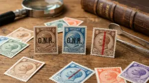 Francobolli della serie Imperiale 1930 disposti su un tavolo con strumenti filatelici