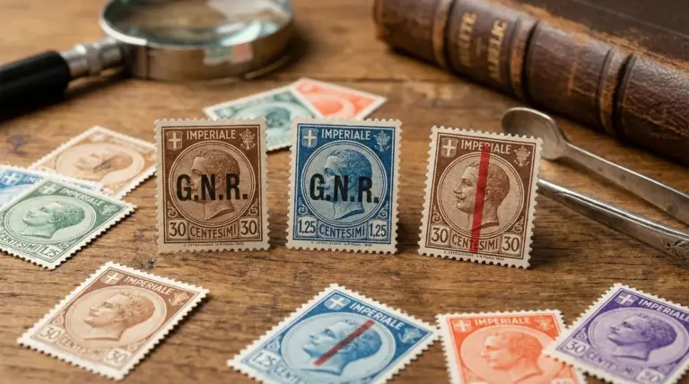 Francobolli della serie Imperiale 1930 disposti su un tavolo con strumenti filatelici