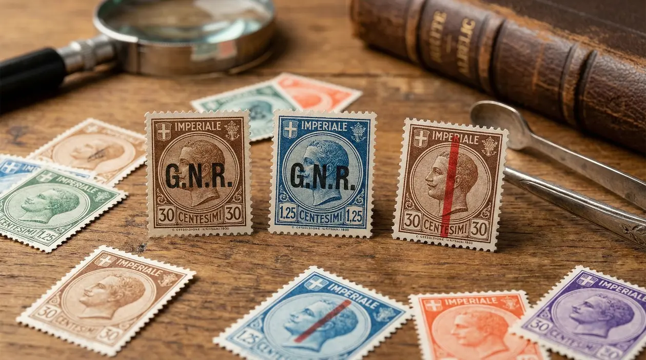 Francobolli della serie Imperiale 1930 disposti su un tavolo con strumenti filatelici