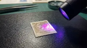 Francobollo da 20 lire Siracusana illuminato da luce UV su sfondo scuro