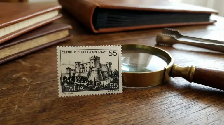 Francobollo italiano da 55 lire Castelli con immagine del Castello di Rocca Sinibalda su un tavolo con lente d’ingrandimento