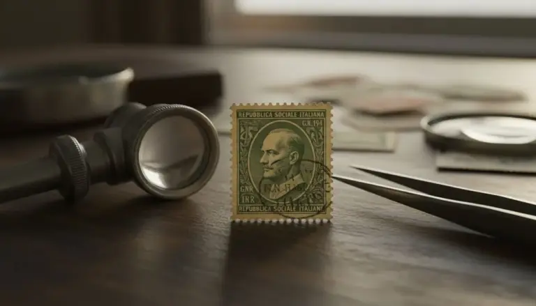 Francobollo GNR del 1944 su tavolo da collezionista con lente d'ingrandimento e pinzette