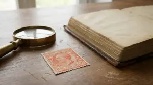 Francobollo da 10 centesimi del Regno d’Italia su tavolo con lente di ingrandimento e libro antico