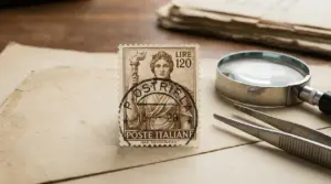 Francobollo italiano del 1948 serie 'Democratica' da 120 lire su tavolo con lente e pinzette