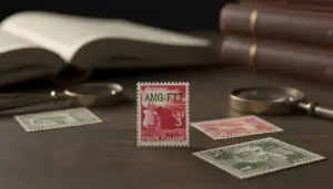 Francobollo AMG-FTT da 3 lire in primo piano su tavolo con lente d’ingrandimento e altri francobolli