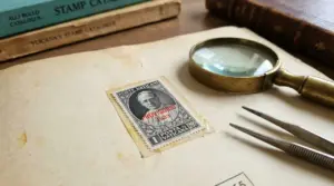 Francobollo Vaticano del 1933 con la dicitura Provisorio, accanto a lente d'ingrandimento e pinzette