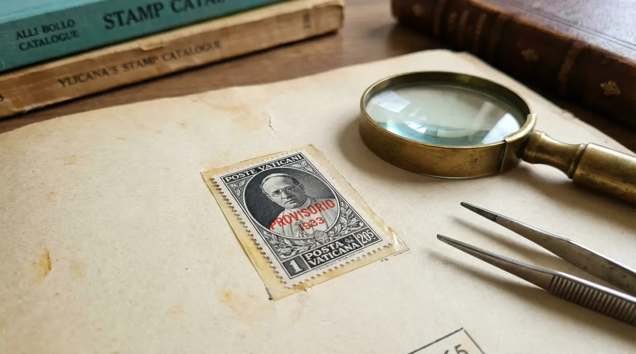 Francobollo Vaticano del 1933 con la dicitura Provisorio, accanto a lente d'ingrandimento e pinzette
