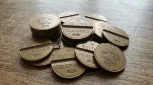 Gettoni telefonici italiani in metallo degli anni ’60 e ’70 su un tavolo in legno