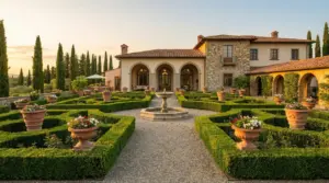 Giardino all'italiana con siepi geometriche, fontana centrale e villa in pietra sullo sfondo