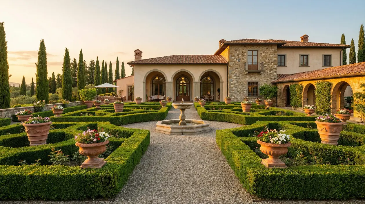 Giardino all'italiana con siepi geometriche, fontana centrale e villa in pietra sullo sfondo