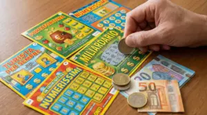 Una mano gratta un biglietto del gratta e vinci con monete e banconote sul tavolo