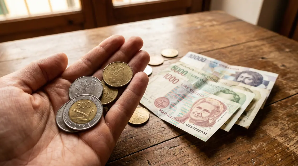 Una mano tiene alcune monete italiane in lire accanto a banconote su un tavolo di legno