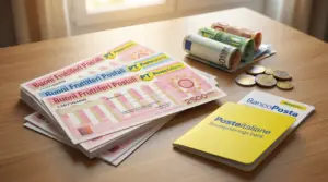 Buoni fruttiferi postali, libretti di risparmio e banconote su un tavolo di legno