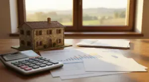 Modellino di casa rurale su un tavolo con documenti fiscali e calcolatrice