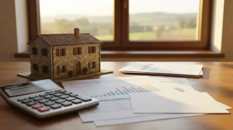 Modellino di casa rurale su un tavolo con documenti fiscali e calcolatrice