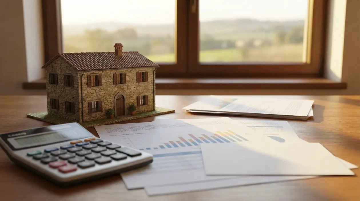Modellino di casa rurale su un tavolo con documenti fiscali e calcolatrice