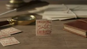 Francobollo antico da 2 lire con cavallo stampato su sfondo marrone, accanto a lente d'ingrandimento e lettere.