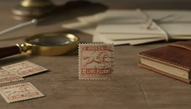 Francobollo antico da 2 lire con cavallo stampato su sfondo marrone, accanto a lente d'ingrandimento e lettere.