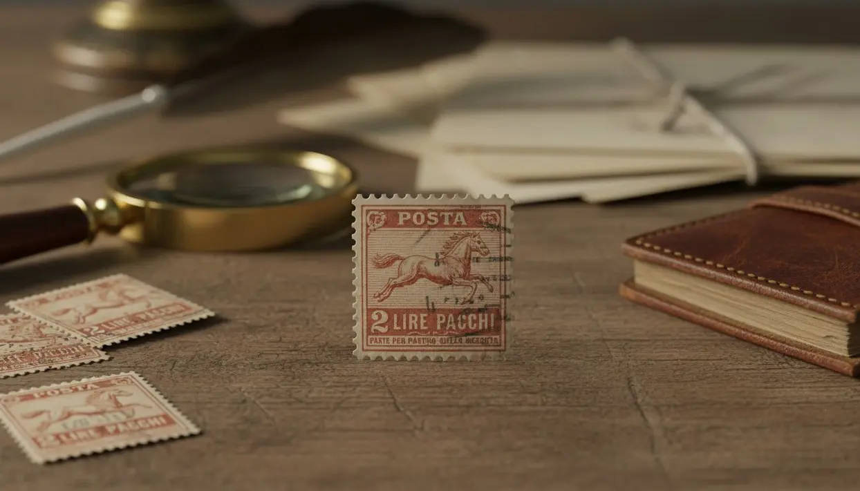 Francobollo antico da 2 lire con cavallo stampato su sfondo marrone, accanto a lente d'ingrandimento e lettere.