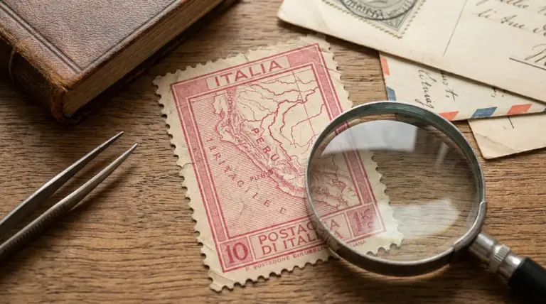 Francobollo italiano Gronchi Rosa osservato con lente d'ingrandimento su tavolo di legno