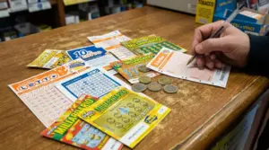 Una persona compila una schedina del SuperEnalotto su un bancone con gratta e vinci e monete