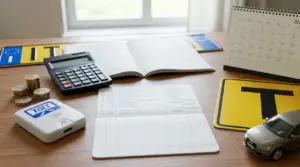 Dispositivo di telepedaggio, calcolatrice, monete e documenti su un tavolo