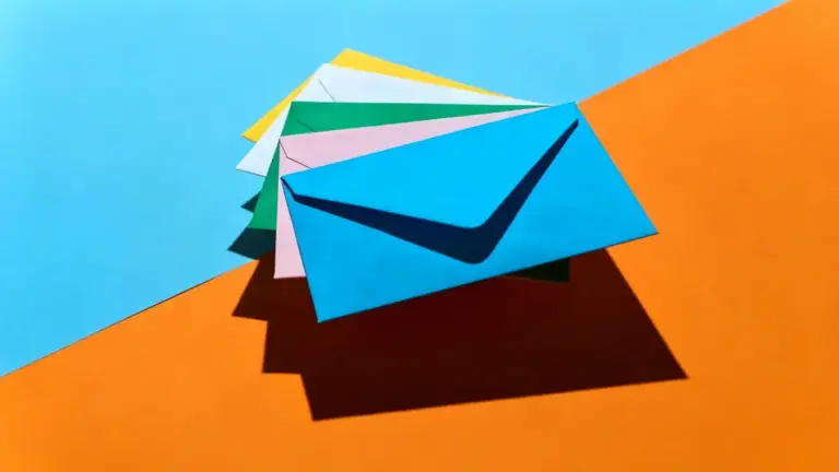 Una pila di buste colorate su sfondo arancione e azzurro