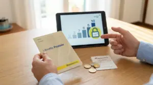 Persona tiene un libretto postale accanto a monete, ricevuta e tablet con grafico di crescita