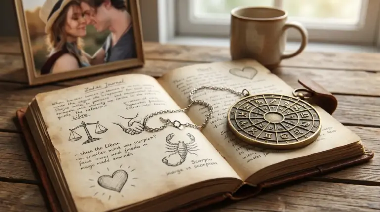 Un diario aperto con simboli zodiacali, un pendente astrologico e una tazza su un tavolo di legno