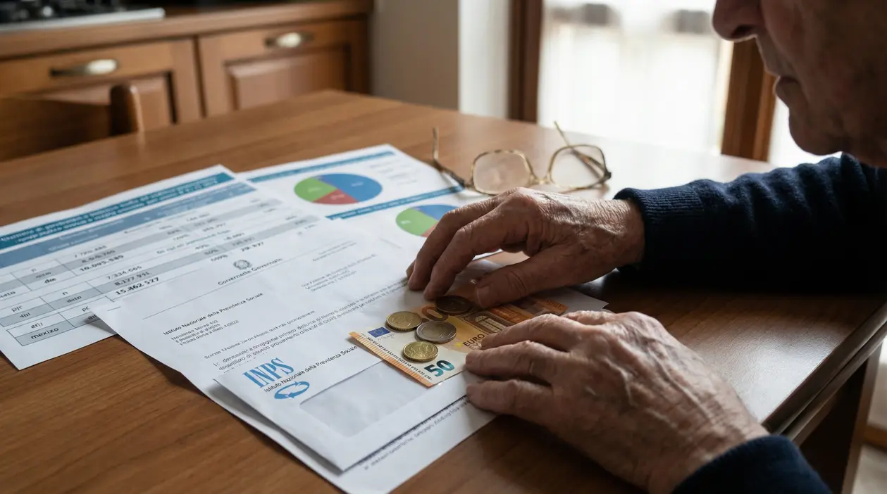 Persona anziana conta delle banconote e monete su un tavolo con documenti INPS