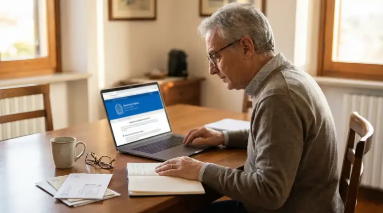 Anziano seduto al tavolo mentre consulta il sito del Governo italiano sul portatile