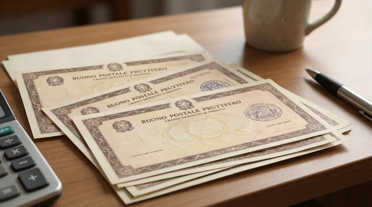 Buoni fruttiferi postali su una scrivania accanto a penna e calcolatrice