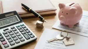 Calcolatrice, salvadanaio, monete e documenti su un tavolo per la pianificazione finanziaria