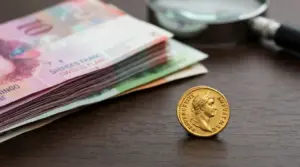 Moneta d'oro antica accanto a una pila di banconote su un tavolo di legno