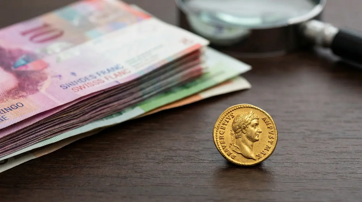 Moneta d'oro antica accanto a una pila di banconote su un tavolo di legno