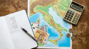 Calcolatrice, euro e taccuino con numeri su una mappa dell'Italia