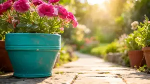 Vaso di fiori rosa su un vialetto da giardino al tramonto