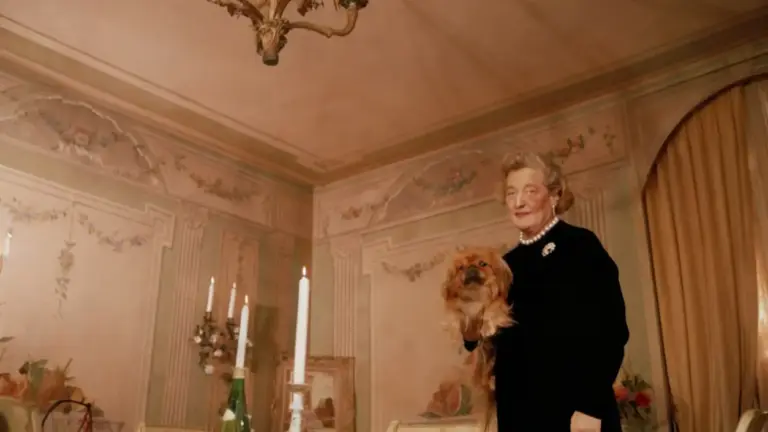 Una persona anziana in un elegante salotto con una lampada a soffitto in vetro soffiato